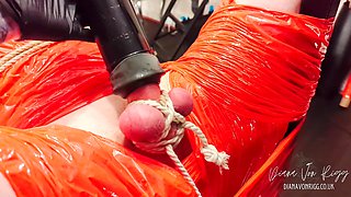 Merciless Cock Milking (tight Shiny Red Plastic Mummificaton and Remote Anal Stimulation)