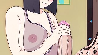 Hinata gives Naruto a handjob with her big tits out