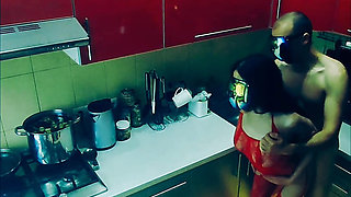 Beautiful slender wife in erotic bodysuit fucked in the kitchen in all positions