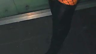 Fucked naughty bitch in fishnet pantyhose in a night club public toilet
