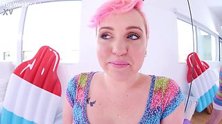 CAROLINE CROSS aka MILEY MAY Cute Cubby Blonde Coed Huge Penis POV Blowjob and Cum Swallow