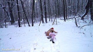 Jeny Smith goes to a forest to enjoy playing snowball fight fully naked.
