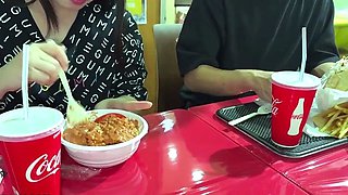 Three people eating together with his girlfriend and NT