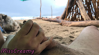 4K! MissCreamy Teacher Handjobs My Cock Under Public Beach Umbrella in Rain!