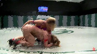 Two hot blonds battle it out in non-scripted wrestling Brutal submissions & fingering on the mat