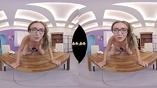 VR Porn - Blonde secretary licks up her piss!