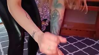 Dominatrix Make Hand Job with Her Slave and Make Him Crazy Orgazm with Lot of Sperm