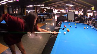 Big booty Thai GF plays pool and blowjob