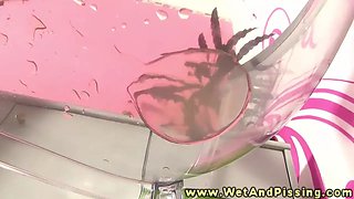 Busty piss fetish babe drinks her urine