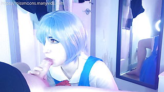 Rei Ayanami first time, fucks rough with her big oiled ass, makes step dad cum loads over cute face