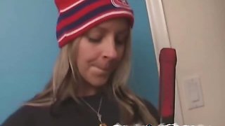 French blonde hottie stripping her hockey jersey