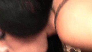 Femdom cuckold with interracial blowjob from brunette