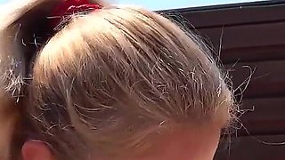 Horny Housewife Play with a Doll Man Outside on Terrace
