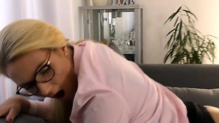 Blonde with glasses face inseminated during casting