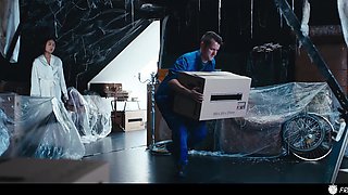 Sexy asian girl with nice body gets frozen in time and thoroughtly inspected by a lucky repairman
