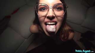 Nerdy beauty swallows after premium cock sucking display