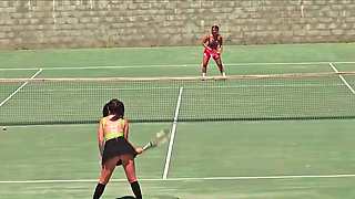 Two girl are playing tennis and betting before having sex