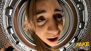 Fake hostel - fussy Big Tits karen gets stuck inwards a washing machine