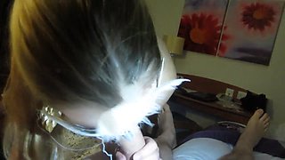 Honeymoon bride strips and gives the best ever blowjob to me