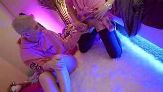 Intimate moment: Crossdressing femboy strokes in front of aroused nymph