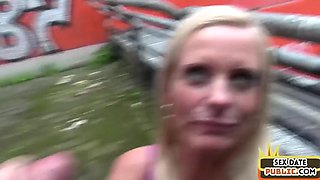 Public blondie shared in outdoor 3some