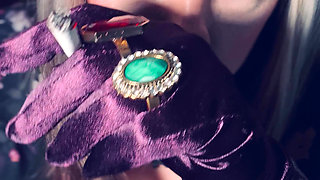 BBW Smoker Tina Snua Wears Purple Satin Gloves & Jewellery & Tip To Tail 2 Cigarettes - Domme Smoking BBW OMI OME