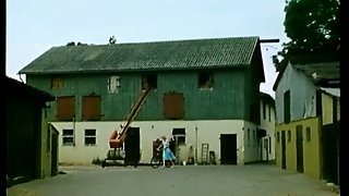 Lean and sexy German white girl in the barn rides on a cock