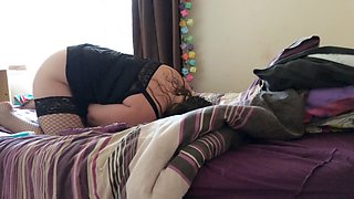 Busty British babe in fishnets enjoys an afternoon session and finishes with a mouthful of cum