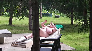 Busty BBW Neighbor Sunbathing and Jerking off My Dick