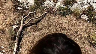 Amazing busty brunette slut doing blowjob outdoor