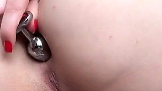 Teenager in Stockings Fucks Ass Plug and Kneads Young Pussy