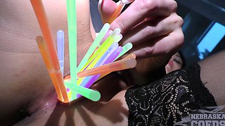 Really Pretty Secretary Gapes Open Her Pussy with Glowsticks