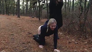 Two sick perverts take bubble ass MILF for a crawl into the woods