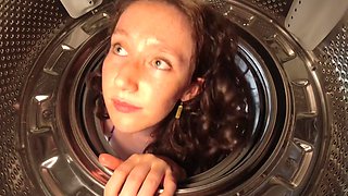 A hot brunette girlfriend gets stuck and banged in a washing machine