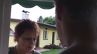 Hot old grandma rides neighbour guy's cock