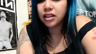 Busty curly brunette with big boobs fucks on couch