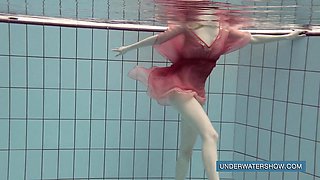 Katya Okuneva in red dress pool girl