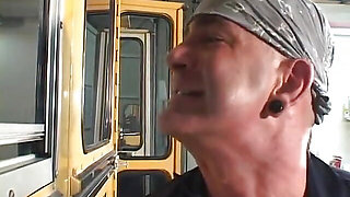 Blonde teen banged by bus driver in vintage video