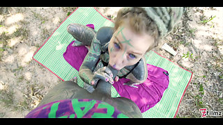 Tattooed couple anal fuck outdoors