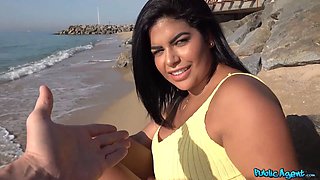Beach stunner fucked on a public beach and then in personal swimming pool - public agent