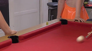 Four Lesbians Played with Billiard Cue on Pool Table!