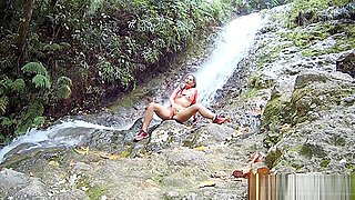 Hot teen 18+ wife playing with pussy in outdoor risky waterfall Public HD