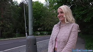 25 year old blonde gives a blowjob to his huge cock in public