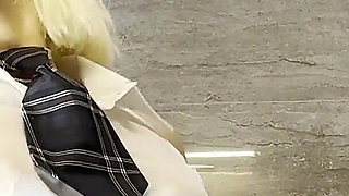 Hot Blonde Cheerleader in Shortest School Uniform Skirt Flashes Pussy and Ass but Also All Natural Beautiful Tits