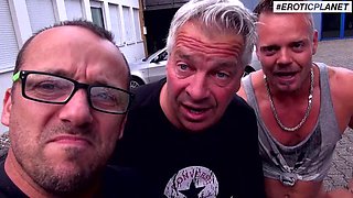 Woman and two guys have sex outdoor and parking lot