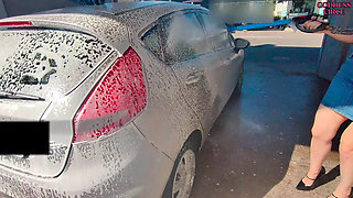 Sexy Girl Next Door in Jeans Skirt and High Heels Washes Her Car