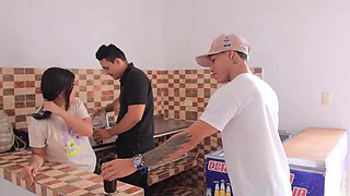 THREESOME WITH BIG ASS HER STEPBROTHER AND BOYFRIEND FUCK HER, FILL HER WITH MILK AND GIVE HER HARD