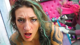Inked bitches double fellatio then rectal screw tattoo session ends with sperm adorning fresh leg ink