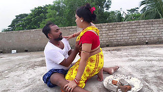 Beautiful Indian Village Aunty Hot Romance Big Boobs Press and Pussy Fucking on the Roof Over