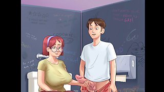 Summertime saga babe with giant yam-sized boobs gets covered in cum shots